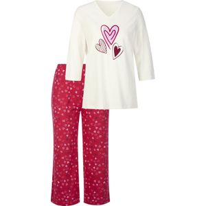 Dames Pyjama in ecru/rood bedrukt