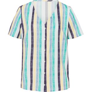 Dames Blouse m. korte mouwen in middenblauw/geel gestreept