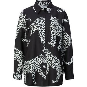 Dames Longline blouse in zwart/ecru geprint