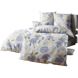Bedtextiel in champagne/ijsblauw bedrukt