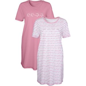 Set van 2 Slaapshirts - Horizontaal Gestreept en Effen - Korte Mouwen - Single-Jersey