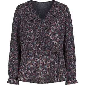 Dames Georgetteblouse in zwart/rozenhout bedrukt