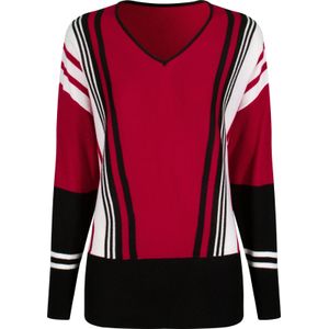 Dames Pullover met V-hals in rood/zwart gestreept