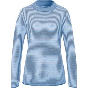 Dames Trui met opstaande kraag in middenblauw/ecru gestreept