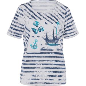 T-shirt - Wit/Donkerblauw Gedessineerd - 100% Katoen