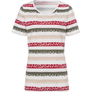 Classic Basics - Shirt - Kaki/Rood Gestreept - V-hals - Korte Mouwen - 100% Katoen