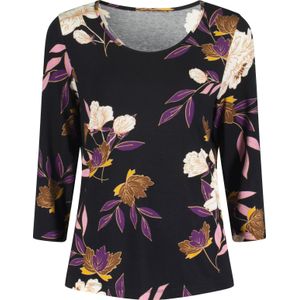 T-shirt - Paars/Oker Gedessineerd - 95% Viscose, 5% Elastaan - Ronde Hals, 3/4-Mouwen