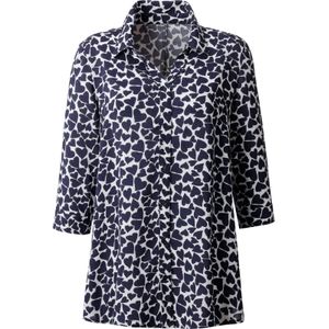 Dames Longline blouse in wit/marine gedessineerd