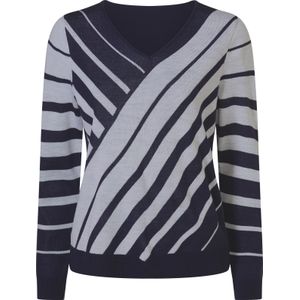 Dames Pullover met V-hals in marine/wit gedessineerd