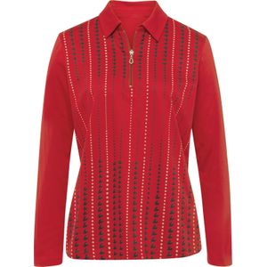 Dames Poloshirt met lange mouwen in rood-grafiet-bedrukt