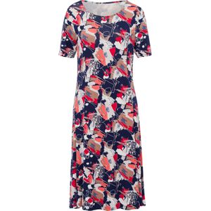 Dames Jersey jurk in marine/koraal bedrukt