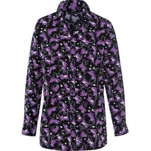 Dames Longline blouse in zwart/lila bedrukt
