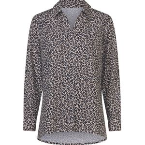 Dames Longline blouse in zand/zwart bedrukt