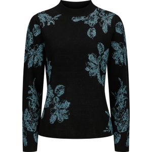 Dames Trui met opstaande kraag in zwart/turquoise gedessineerd