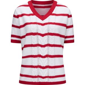 Dames Pullover met korte mouwen in aardbei/wit gestreept