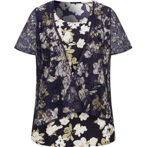 Dames Kanten blouse in marine/ecru geprint