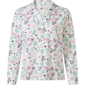 Dames Poloshirt in ecru/mauve bedrukt