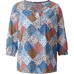 Duifblauw/Terra Gedessineerde Blouse - 100% Polyester - Ronde Hals - 3/4-Mouwen