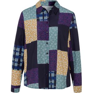 Dames Overhemdblouse in koningsblauw/oker bedrukt