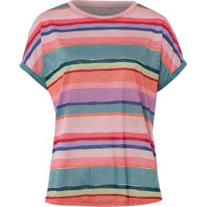 Dames T-shirt in flamingo/jade gestreept