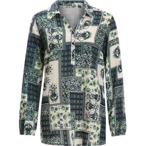Dames Longline blouse in champagne/marine bedrukt