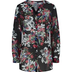 Dames Longline blouse in zwart/koningsblauw bedrukt