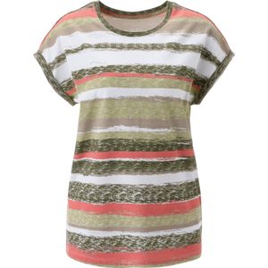 Dames T-shirt in olijf/koraal gestreept