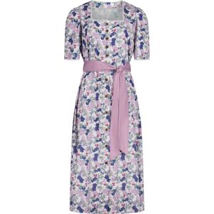 Dames jurk in klederdrachtstijl in roze/jeansblauw bedrukt