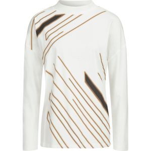 Ecru-Choco Gedessineerd T-shirt - 100% Katoen - Lange Mouwen - Staande Kraag