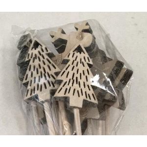 Houten kerstfiguurtjes op steker frosted white 5cm. 9 stuks. foto Rendier,boom en ster