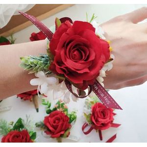 Luxe POLSCorsage van zijdebloemen Rood/groen Schitterende kwaliteit  passend bij 023158