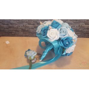 Bruidsboeket EM1 foam, schelpen lint met bijpassende corsage Bruidsboeket blauw