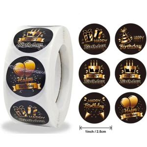 500 Stickers Labels Rol Happy Birthday Zwart goud rol kraft etiketten
