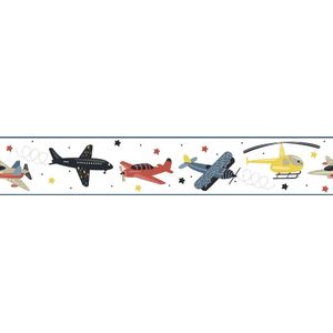 Noordwand - Behangrand - Vliegtuigen en Helikopters - Wit Blauw Rood Geel - 0.18 cm x 5 m