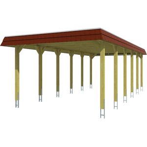 Skanholz Einzelcarport "Spreewald", Nadelholz, 342 cm, Nussbaum, mit Aluminiumdach, rote Blende