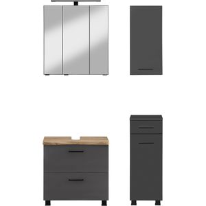 welltime Badmöbel-Set "Trento, Badezimmer-Set, Waschbeckenunterschrank, Hängeschrank", (4 St.), Unterschrank, Waschbeckenunterschrank, Spiegelschrank, Aufbauleuchte