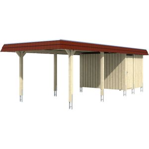 Skanholz Einzelcarport "Wendland", Leimholz-Fichte, 291 cm, Eiche hell, mit Abstellraum mit Aluminiumdach, rote Blende