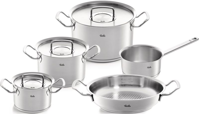 Fissler Topf-Set "ORIGINAL-PROFI COLLECTION Edelstahl-Topfset", Edelstahl 18/10, (8 tlg., je 1 Kochtopf 16/20/24 cm, Stielkasserolle 16 cm, Servierpfanne 24 cm), mit breitem Schüttrand, Kaltmetallgriffen. Made in Germany