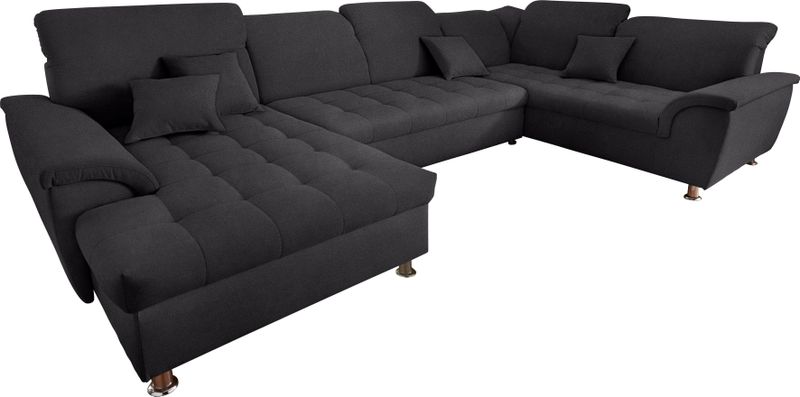 DOMO collection Wohnlandschaft "Franzi 140 kg/Sitz,wahlw. Kopfteilverstell.,Bettfunktion o. Bettkasten", U-Form, Recamiere links, Flachgewebe, graphite, B/T: 344/ 206 cm