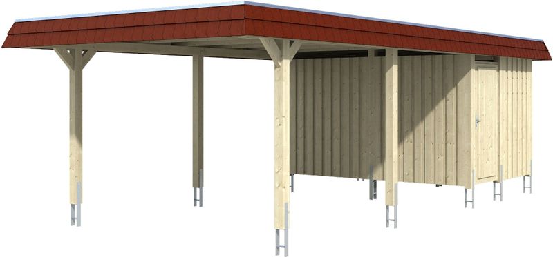 Skanholz Einzelcarport "Wendland", Leimholz-Fichte, 341 cm, Natur, mit Abstellraum mit Aluminiumdach, rote Blende