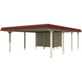 Skanholz Doppelcarport "Wendland", Leimholz-Fichte, 550 cm, Weiß, mit Abstellraum mit Aluminiumdach, rote Blende