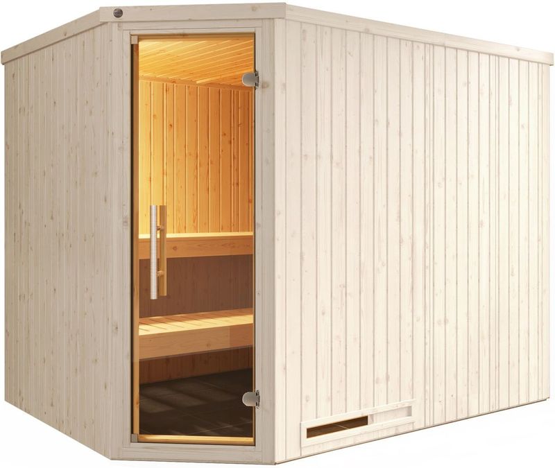 weka Sauna "Element-Ecksauna VARBERG 4", vorgefertigte Elemente, moderne Ganzglastür