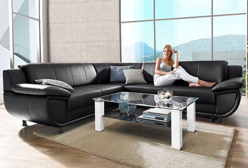 TRENDMANUFAKTUR Ecksofa "Rondo wahlweise mit Schlaffunktion, 267x247 cm (BxT), breite Armlehnen", L-Form, wahlweise mit Federkern bestellbar, Füße schwarz