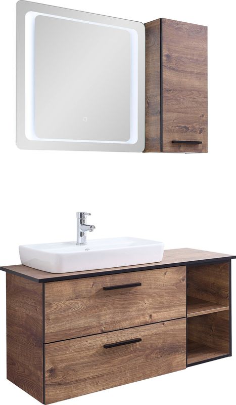Saphir Badmöbel-Set "Quickset 374 3-teilig, Keramik-Aufsatzbecken mit LED-Spiegel", (6 St.), 103 cm breit, 1 Tür, 2 Schubladen, 2 offene Fächer, inkl. Türdämpfer