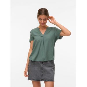 Vero Moda Blusenshirt "VMMYMILO SS V-NECK TOP WVN GA", mit Leinen
