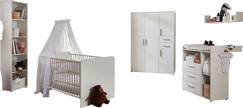 BMG Möbel Babyzimmer-Komplettset "Lea", (Set, 5 tlg., Bett, Wickelkommode, Schrank, Standregal, Wandboard), Bett + Wickelkommode + 4-trg. Schrank + Standregal + Wandboard