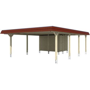 Skanholz Doppelcarport "Wendland", Leimholz-Fichte, 550 cm, Nussbaum, mit Abstellraum mit Aluminiumdach, rote Blende