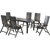 MERXX Garten-Essgruppe ""Astros"", (Set, 7 tlg., Tischplatte aus Aluminium, Armlehnen aus Akazienholz), Rückenlehne 5-fach verstellbar