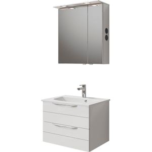 Saphir Badmöbel-Set "Serie 6025 2-teilig Mineralmarmor-Waschtisch mit LED-Spiegelschrank", (2 St.), Waschplatz 67 cm breit, 2 Schubladen, 2 Spiegel-Türen, inkl Türdämpfer