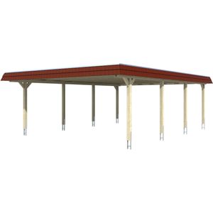 Skanholz Doppelcarport "Wendland", Leimholz-Fichte, 550 cm, Weiß, mit Aluminiumdach, rote Blende